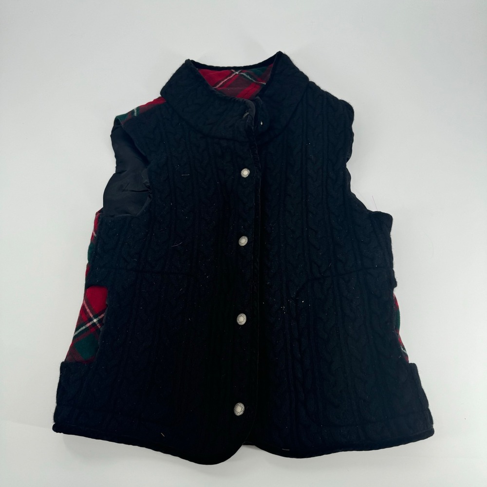 Pendleton Wool Vest Womens XL Black Cable Knit Plaid Sleeveless Button Up